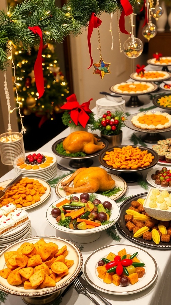A festive Christmas buffet table with roasted turkey, side dishes, and desserts, decorated for the holiday.